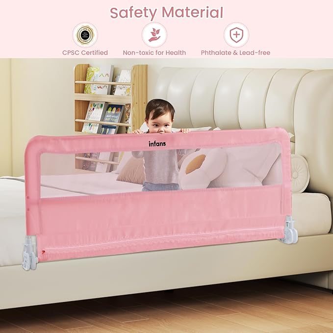 INFANS Bed Rail for Toddlers, 59" Foldable Safety Baby Crib Rail Fit for Kids Twin, Extra Long Swing Down Bed Guardrail for Convertible Crib, Queen, Full, King Mattress Side Guard (Pink)