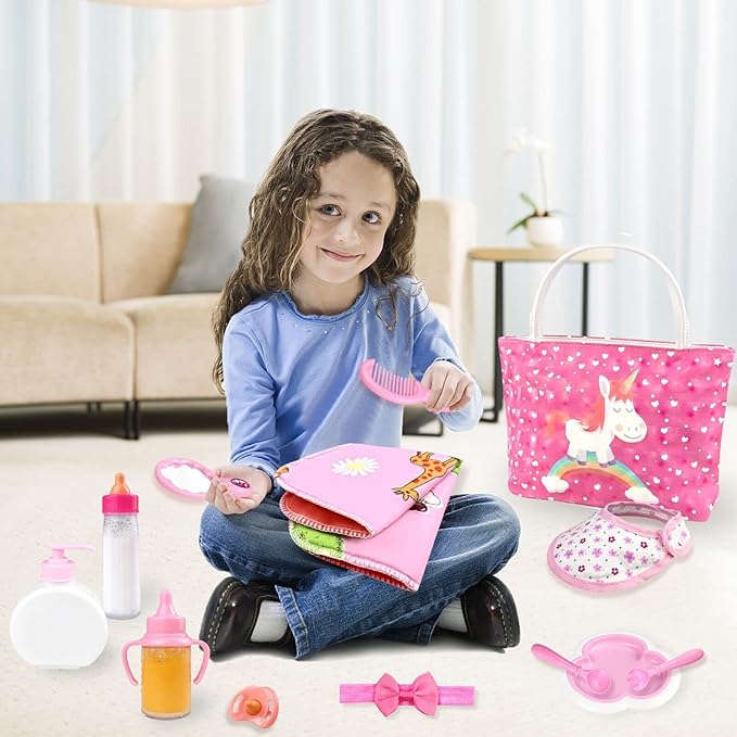 BNUZEIYI Baby Doll Accessories - Feeding and Caring Set With Diaper Bag, Bottles for Girls Toys Gift, Stuff Clothes Fit 14-16 Inch and 18 Inch Dolls