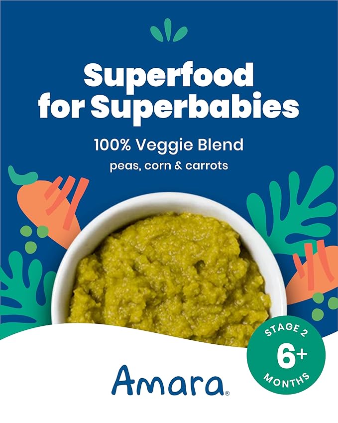 Amara Organic Baby Food - Stage 2 - Peas, Corn & Carrots - Baby Cereal to Mix With Breastmilk, Water or Baby Formula - Shelf Stable Baby Food With 100% Organic Veggies - 5 Pouches, 3.5oz Per Serving