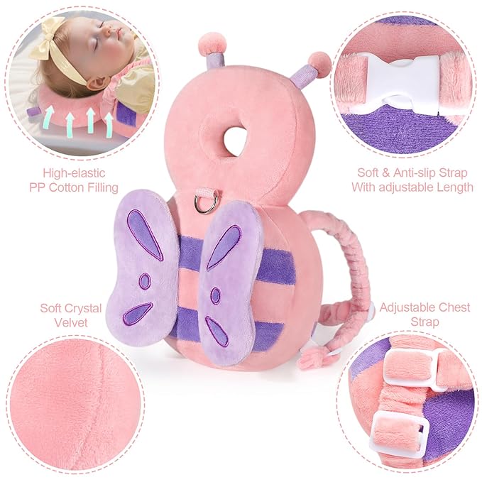 Baby Head Protection Backpack with Leash, Cute Toddler Protector Padded Pillow Carrier with Anti Lost Wrist Link for Crawling Walking, Butterfly Kid Harness Infant Cushion Pad for 6-18 Months Girls
