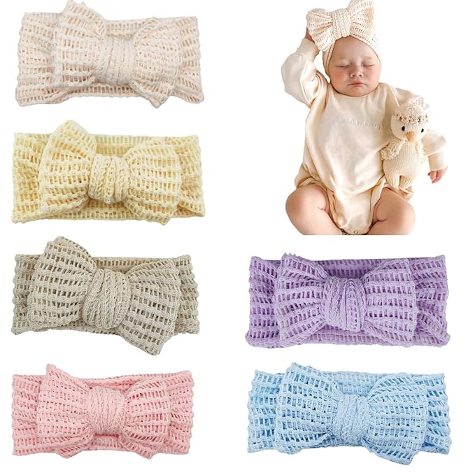 Handmade Baby Headbands Soft Stretchy Waffle Hair Bands with Bows for Newborn Infant Baby Toddler Girls- Pack of 6 (SYTLEA-03, MEDIUM)