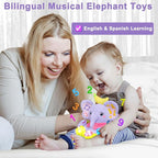 Baby Elephant Musical Stuffed Animals Toy with Light-Up Music & Crinkle Sound Paper,Infant Bilingual Early Learning Education Toys,Tummy Time Toys for 0-3-6-12+ Months Boy Girl, Purple