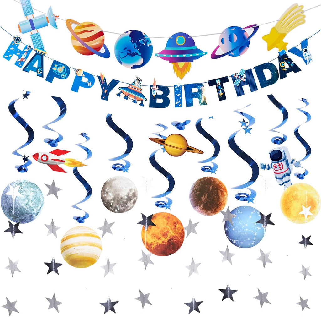 Pre-strung Birthday Party Decorations Outer Space themed Set, with 2 Banners, 10 Solar System Planet Swirl Streamers, Hanging Dazzling Star Garlands for Kids Teens Party Decoration Gifts