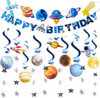 Pre-strung Birthday Party Decorations Outer Space themed Set, with 2 Banners, 10 Solar System Planet Swirl Streamers, Hanging Dazzling Star Garlands for Kids Teens Party Decoration Gifts