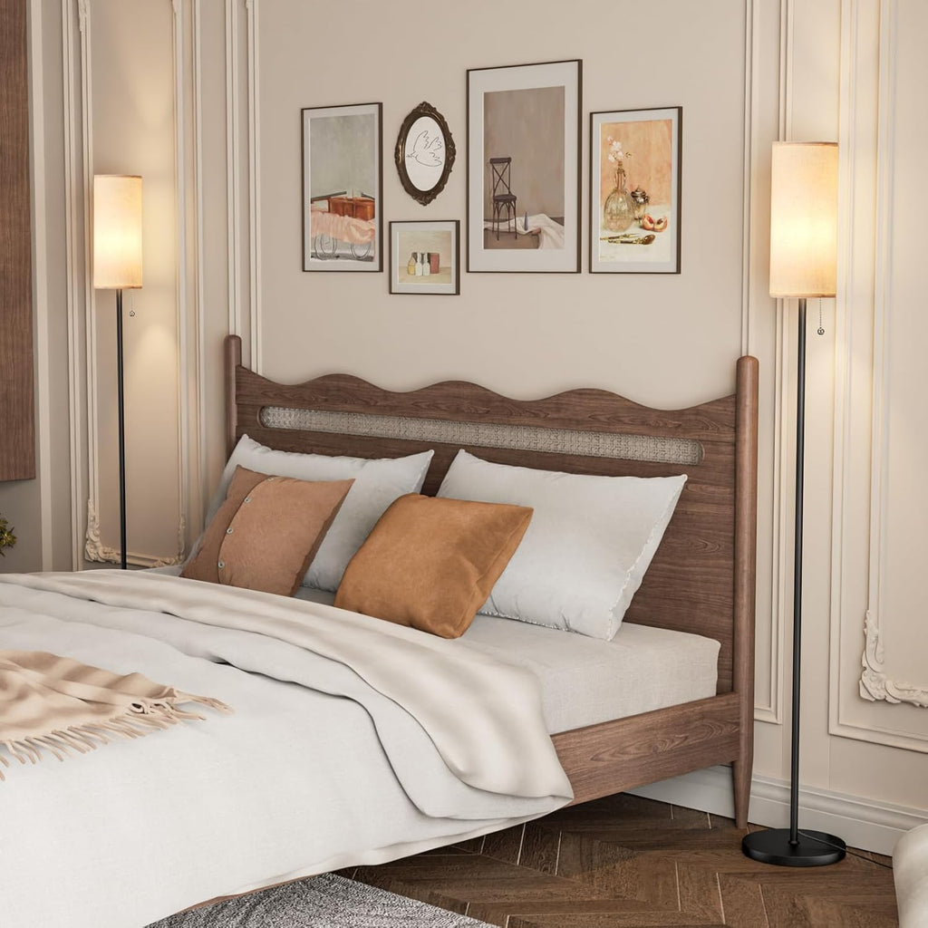 Ambimall Floor Lamp with 3 Color Temperatures Bulb Set of 2, 64" Standing lamp with Linen lampshade for Bedroom, Minimalist Pole Lamp, Beige Shade & Black Pole