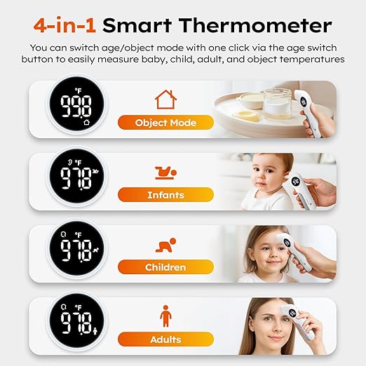 Baby Thermometer for Infants, No-Touch Forehead and Ear Thermometer with Fever Alarm, Fast Accuracy Digital Thermometer for Adults and Kids, 3 Age Modes, Object Modes