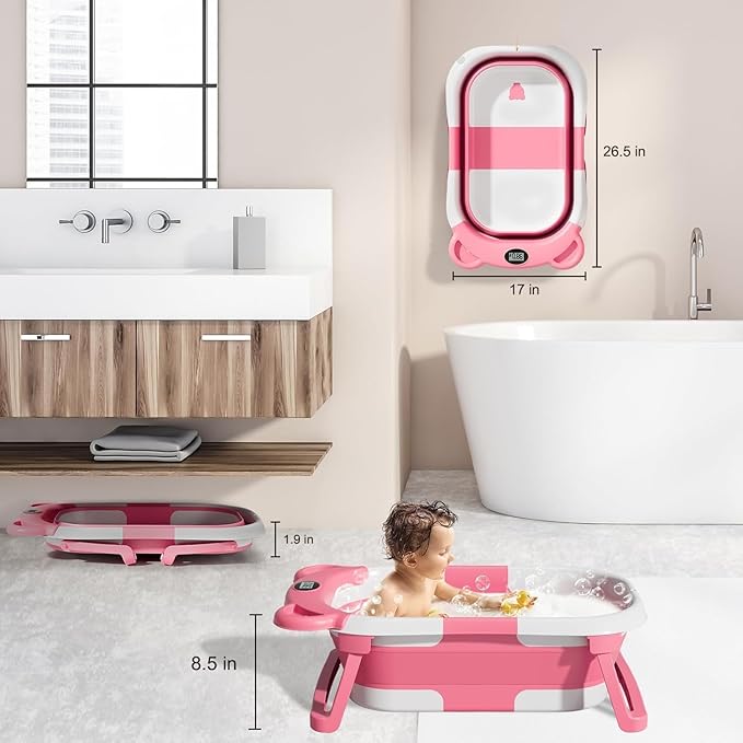 TPN Collapsible Baby Bathtub, Baby Bath Tub with Soft Cushion & Real-Time Thermometer, Baby Bathtub Infant to Toddler Tub (0-36 Months), Portable Travel Baby Tubs for Newborns (Pink)