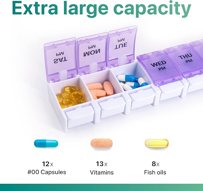 Sukuos AM PM Weekly 7 Day Pill Organizer, 2 Times A Day Pill Box with Arthritis Friendly Push Button, Medicine Cases for Vitamin/Fish Oil/Supplements, Easy to Clean (Purple&Blue)