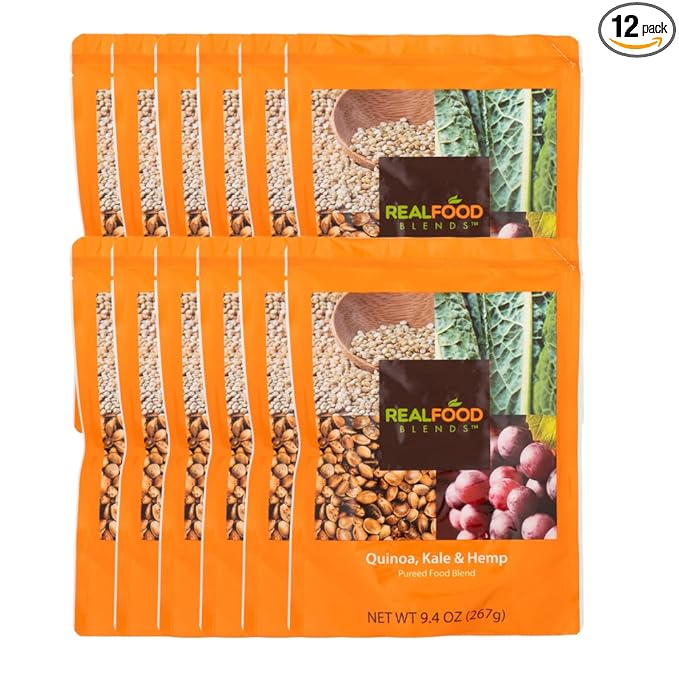 Real Food Blends Quinoa, Kale & Hemp - Pureed Food Meals for Tube Feeding with Protein, Vegetables & Fruits - Plant-based - 340 Calories for Breakfast, Lunch & Dinner - 9.4 oz (Pack of 12)