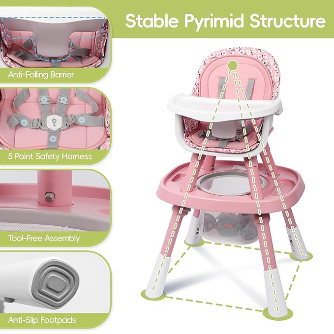 15 in 1 Convertiable High Chair for Babies and Toddlers, 2 in 1 Highchair & Activity Center w/Toys, Booster Seat, Toddler Chair w/5-Point Harness & Removable Tray & 2-Layer Cusion (Pink)
