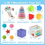 SpringFlower 5 in 1 Baby Toys 6 to 12 Months, Montessori Toys, Soft Baby Teething Toys, Sensory Bin Toy, Stacking Building Blocks & Rings Infants,Sorting Sensory Learning Gift for Toddlers Aged 1-3