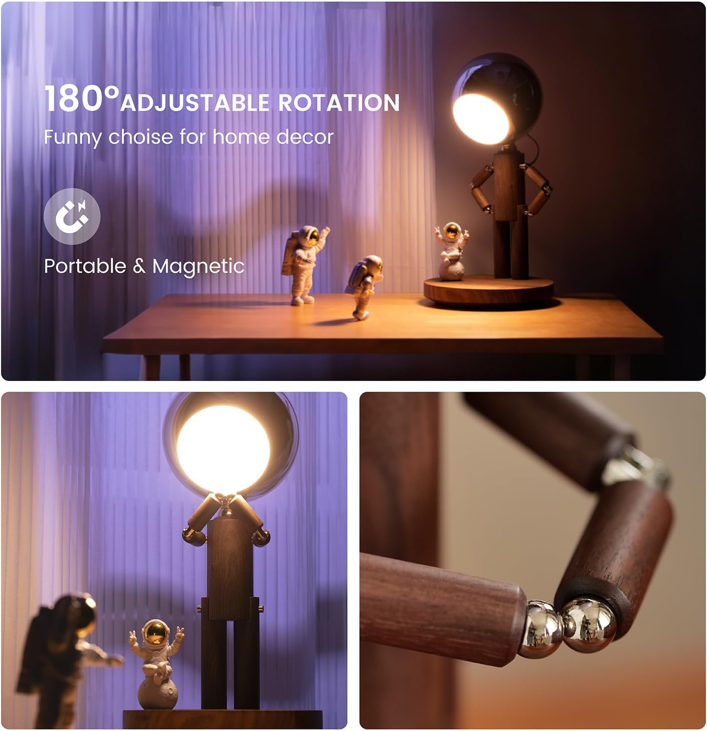 Moon Lamp for Bedroom, 5200mAh Rechargeable Wooden Desk Lamp with Touch Control & Adjustable Brightness, Creative Cordless Lamp, Decorative Bedside Lighting for Living Room & Gift