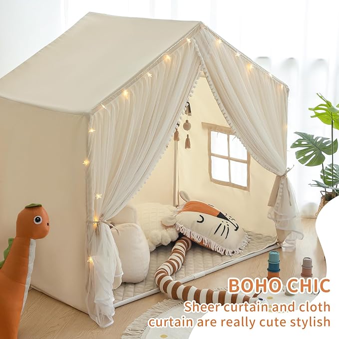 Kids Play Tent with Padded Mat, Kids Tents Large Princess Castle Pompoms Play House Indoor Playhouse Tent for Girl Bed Tents