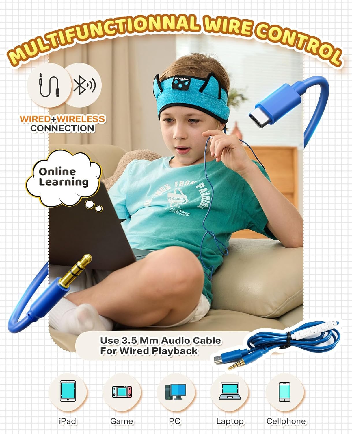 KIDSBAND Kids Headphones, Toddler/Baby Bluetooth Headband, Wireless Sleep Headphones for Kids with Wired Playback 3.5 MM Jack for Teens/Boys/Girls/School/Kindle/Airplane Travel/Plane/Tablet