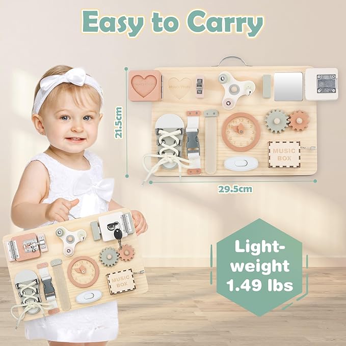 Joyreal Montessori Busy Board for Toddlers - Wooden Sensory Board Activity Board for Fine Motor Skills, Travel Baby Busy Board Sensory Toys for Kids