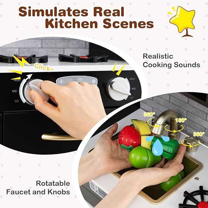 HONEY JOY Kids Kitchen Playset, Wooden Little Chef Pretend Toy Kitchen Set w/Chalkboard, Telephone, Utensils, Oven, Microwave, Sink, Storage, Play Kitchen for Toddlers Boys Girls, Black