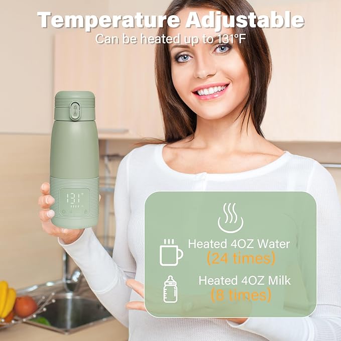 Portable Bottle Warmer for Travel - Dual Heating Modes for Breast Milk & Water, Fast 3-Min Heat, 12oz Large Capacity, Long-Lasting Battery, Fits Most Bottles
