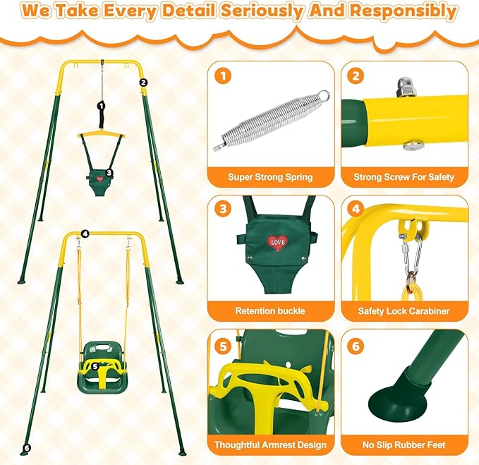 4-in-1 Toddler Swing Set & Baby Jumper and Bouncer for Toddlers, Foldable Baby Swing Stand for Outdoor Indoor Play, Easy to Assemble and Store for Ages 6 Months to 10 Years Old (Dark Green)