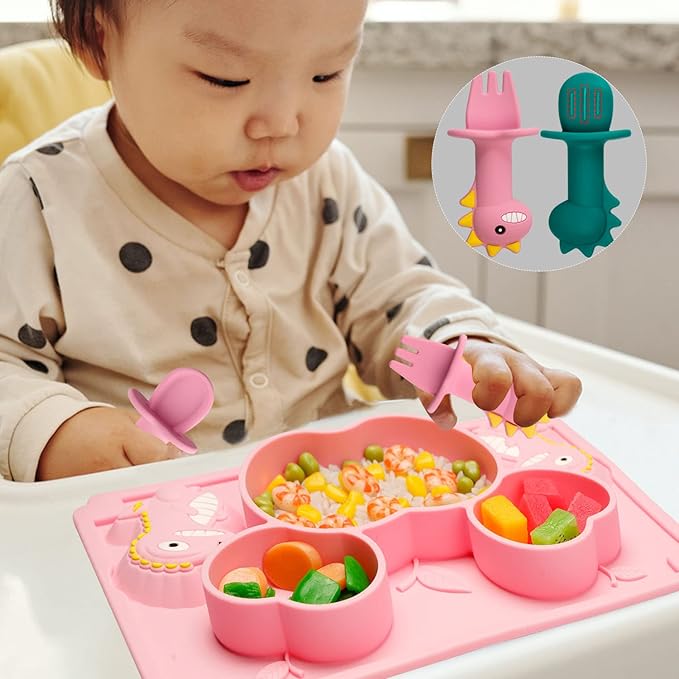3Pcs Toddler Silicone Dinosaur Placemat Spoon and Fork Set,Divided Plate Dish for Baby Kids Infant Self Feeding Training，Non-Suction BPA Free Microwave Dishwasher Safe-Pink Dinosaur