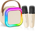 【2025 Newest】 Mini Karaoke Machine for Kids Girls & Boys - Portable Bluetooth Speaker with 2 Wireless Microphones - Kids Birthday Gifts for Ages 4-10 - Kids' Instrument Accessories - Beige