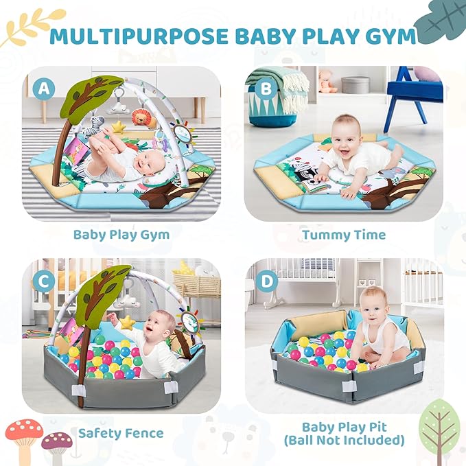 Baby Gym Play Mat, 8-in-1 Tummy Time Mat & Ball Pit with 6 Toys, Washable Baby Activity Play Mat for Visual, Hearing, Sensory, Motor Development, Baby Toys Gift for Toddler Infant 0-3-6-9-12 Month