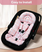Infant Car Seat Insert, Enlarged Head Support for Baby Carseat, Reversible Newborn Insert with 3 Strap Covers, 2-in-1 Baby Car Seat Cushion for Stroller, Swing, Bouncer, Rocker - Pink Floral