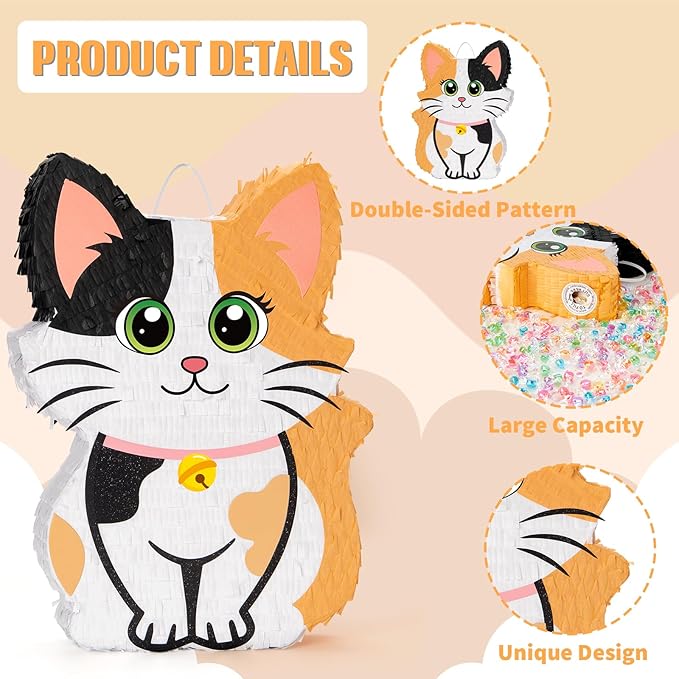 Wernnsai Kitten Cat Piñata - Cat Kitten Decorations For Kids Girls Birthday Cute Animal Party Game For Cat Lady KittenParty Supplies Favor With Bat Blindfold 16“ x 12.5" x 3"