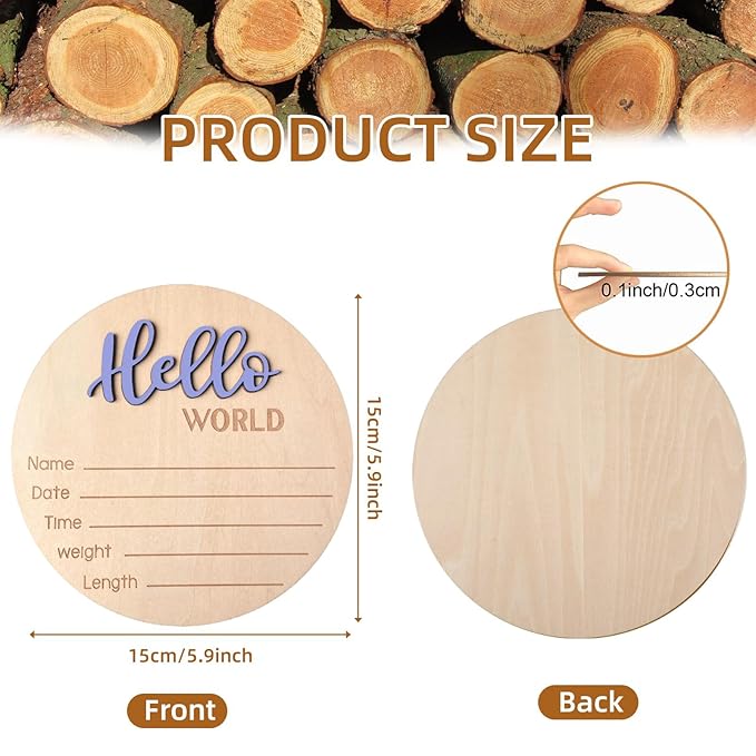 Baby Announcement Sign, 5.9 Inch Wooden Hello World Newborn Signs, Birth Announcement Sign, Baby Shower Hospital Nursery for Newborn Boys and Girls (Cashmere Blue)