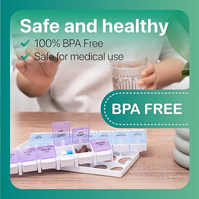 Sukuos AM PM Weekly 7 Day Pill Organizer, 2 Times A Day Pill Box with Arthritis Friendly Push Button, Medicine Cases for Vitamin/Fish Oil/Supplements, Easy to Clean (Purple&Blue)