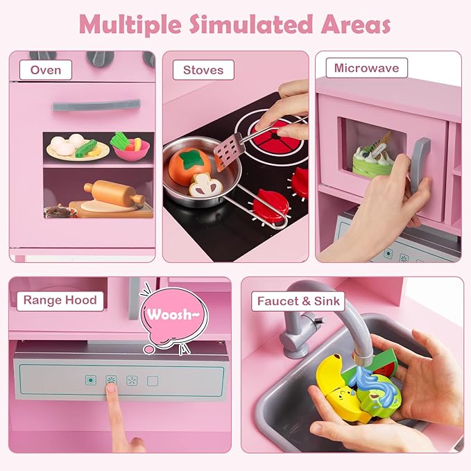 HONEY JOY Kids Kitchen Playset, Wooden Play Kitchen for Toddlers, Microwave, Range Hood, Ice Maker, 18 Cooking Accessories, Little Chef Pretend Play Toy Kitchen Set, Gift for Boys Girls, Dark Pink