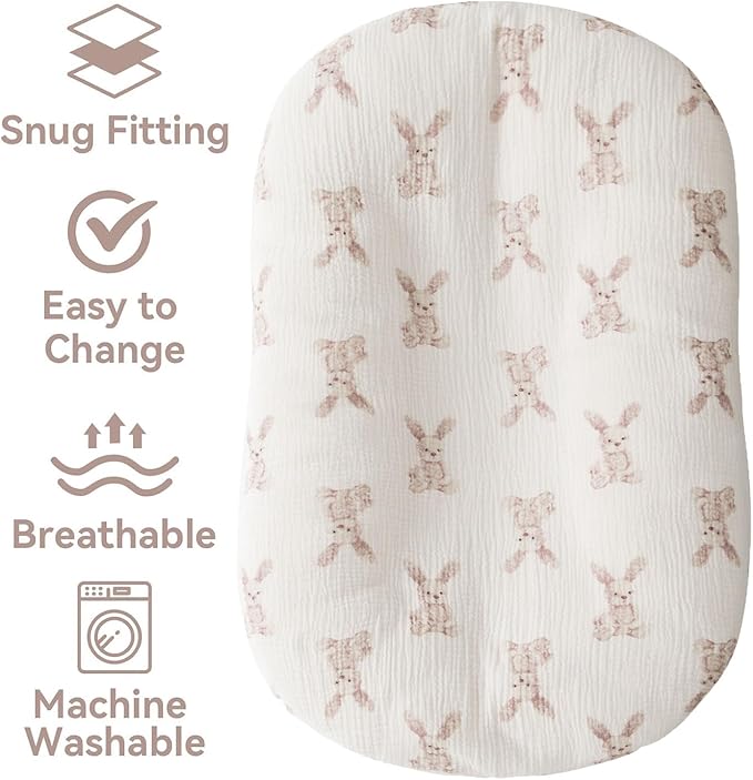 Little Jump Cotton Muslin Baby Lounger Covers, 2 Pack, Soft Removable Slipcovers for Newborn Infant Lounger, for Girls Boys (Bunny)