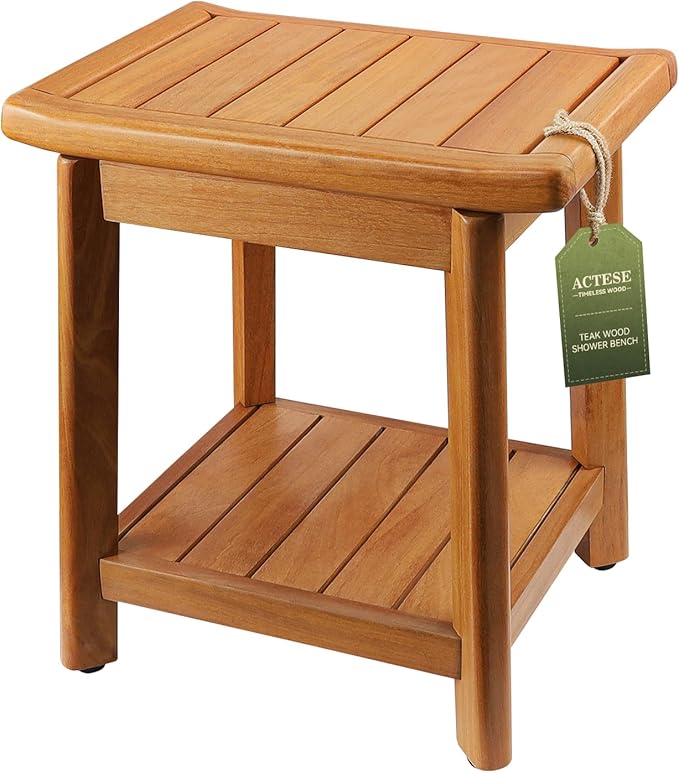 Teak Shower Bench-Solid Teak Wood Shower Chair with Storage Shelf, Stable Non-Slip Bathroom Stool for Elderly & Recovery, Heavy Duty Shower Seat for Inside Shower & Tub Safety 14 inch