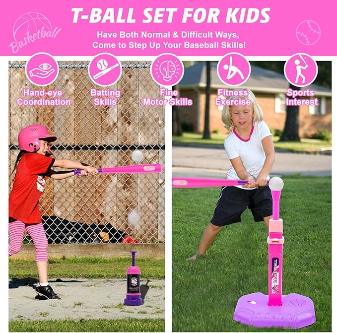Meland Toddler Basketball Hoop, Pink 4-in-1 Kids Basketball Hoop for Indoor Outdoor Play, Tball Set with Baseball Pop Up Machine, Girls Toys Birthday Gift