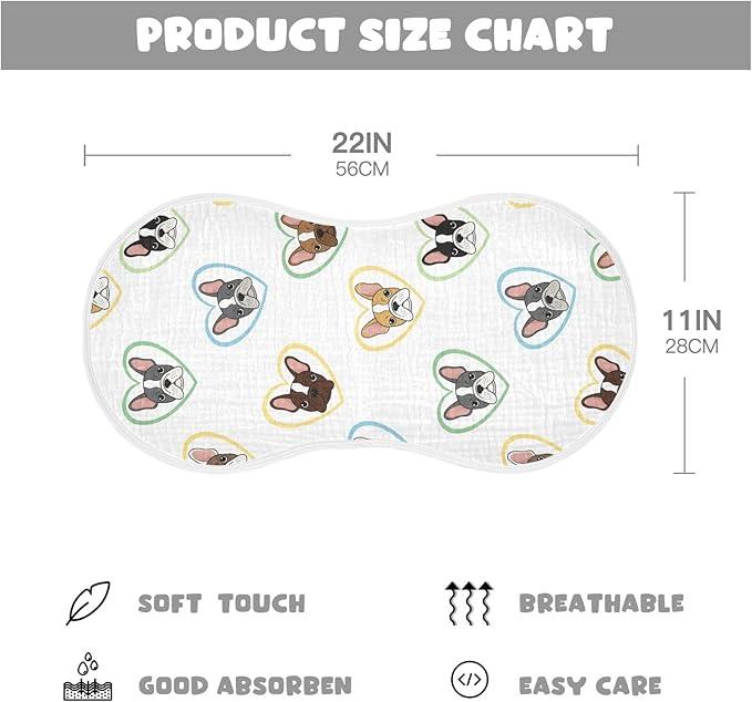 2 Pack Muslin Burp Cloths Bulldog Hearts White Cotton Baby Burp Cloths Absorbent Burping Cloth Soft Spit Up Rags for Newborn Babies Boys Girls 22x11 Inch
