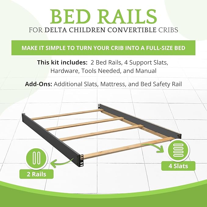 Full-Size Conversion Kit Bed Rails Compatible with Delta Children Convertible Cribs - Solid Wood Rail #0050 - Toddler & Adult Bed Rail for Full-Size Beds - Baby Furniture (Charcoal Grey - 029)