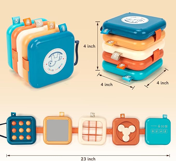 Montessori Busy Board for Toddlers 1-3 | Certified Travel Sensory Toy | Fine Motor Skills Activity Cube for Airplane, Classroom & Home Learning