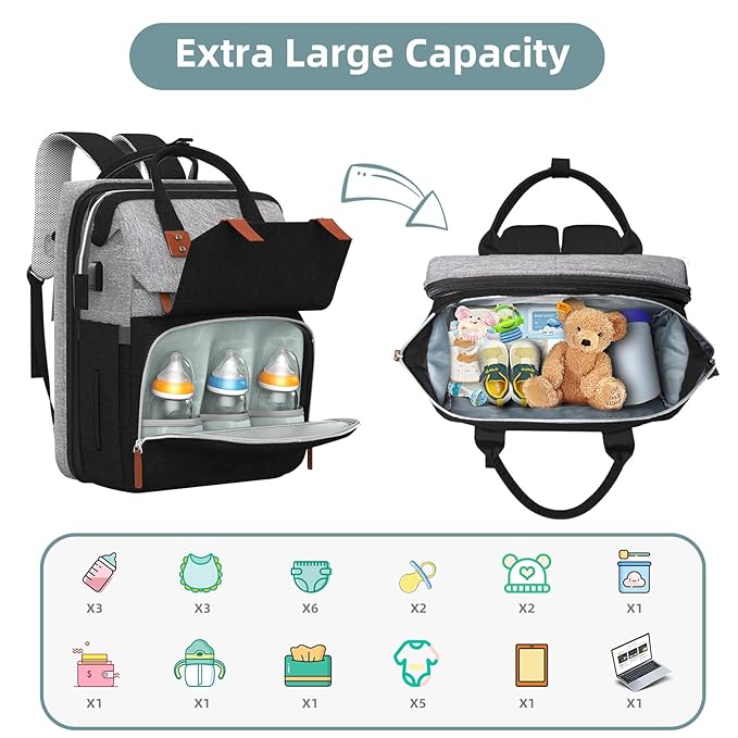 Diaper Bag Backpack with Changing Station, Large Diaper Bag, Baby Bag, Multifunctional Diaper Bag, GreyBlack