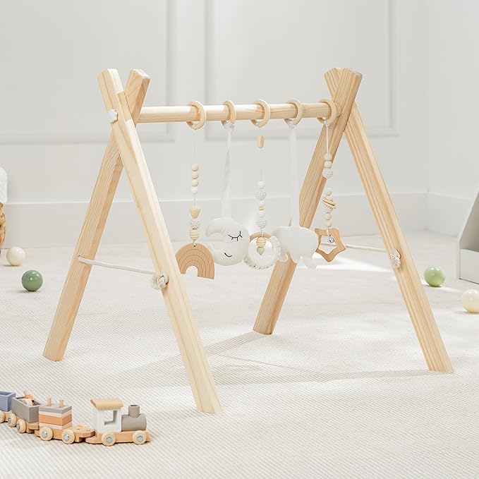 Comfy Cubs Wooden Baby Play Gym - Natural Finish Pinewood Baby Activity Gym with 5 Sensory Hanging Toys - Easy No-Tool Assembly, Safe and Durable for Infant Motor and Visual Development - Natural Wood