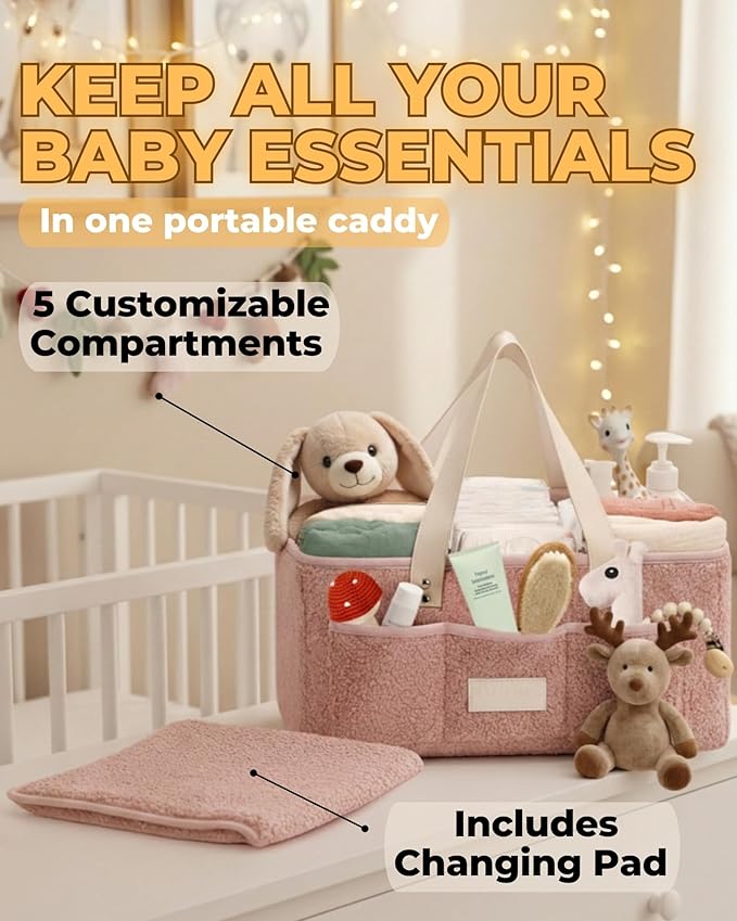 Baby Diaper Caddy Organizer with Portable Changing Mat - Teddy Fleece Diaper Organizer for Changing Table - Basket for Changing Essentials - Baby Essentials Organizer with Removable Dividers