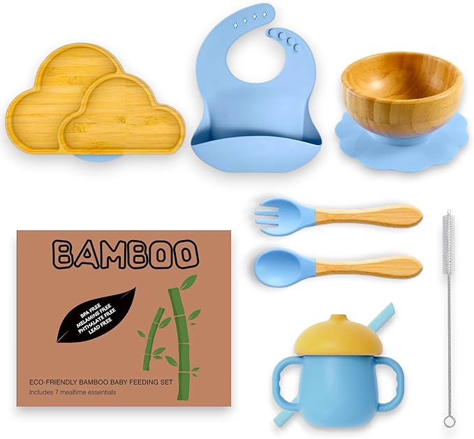 Bamboo Suction Plate and Bowl Set for Babies 7 Feeding Essentials Baby Led Weaning Supplies BPA Free Eco-Friendly (Blue)