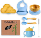 Bamboo Suction Plate and Bowl Set for Babies 7 Feeding Essentials Baby Led Weaning Supplies BPA Free Eco-Friendly (Blue)