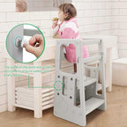 Nursery Kitchen Step Stool w/ 3 Adjustable Heights Toddler Standing Tower Kids Learning Stool w/Double Safety Rails & Non-Slip Foot Pads Cooking Stool Stand Helper Bathroom Counter Footstool (Grey)