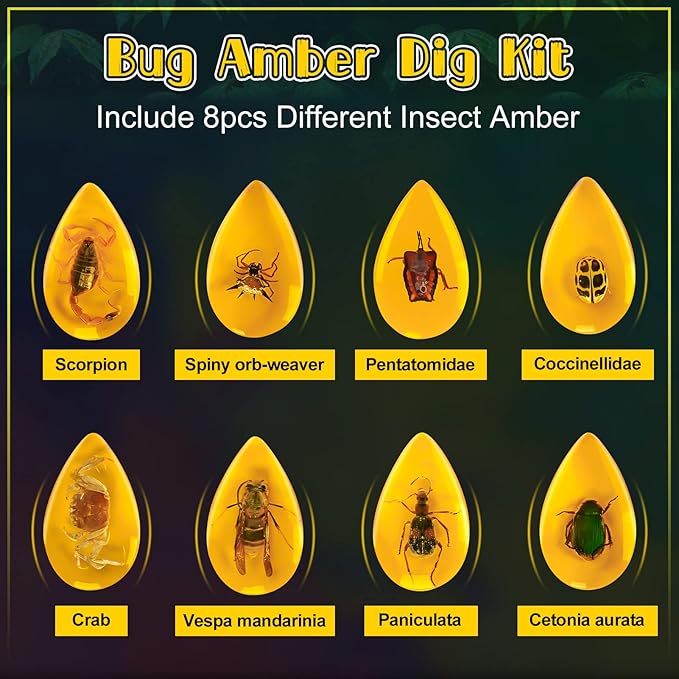 Bigger Amber Dig Kit - 8 Different Artificial Insect Resin,Excavate Unique Insect Specimens,Bugs Toys Educational Science Kits Toys for Kids,STEM Projects Gift for Girls & Boys Age 6-8-12-14 Year Old