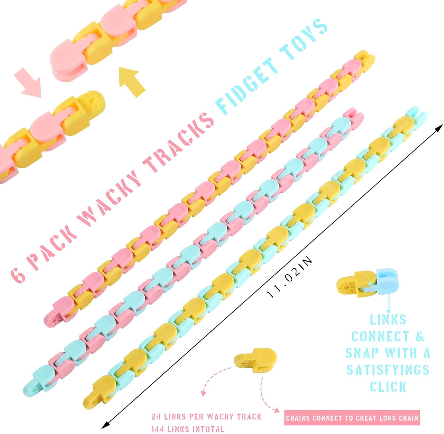 Woosir 6 Pack Wacky Tracks Fidget Toys Gifts for Kids Classroom Brithday Party Favors 24 Links Sensory Snap Fidget Snake Click Toys for Kids Adult Stress Relief Party Gifts Macarons Colors
