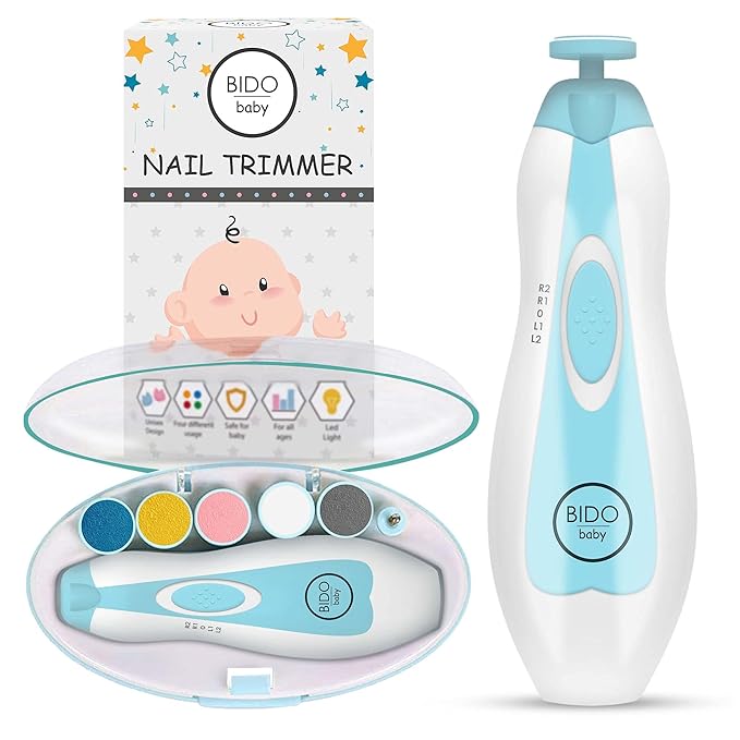 BİDO Baby Nail Trimmer File Electric-Safe Baby Nail Clippers,Manicure Kit for Newborn Toddler and Kids,12 Grinding Heads and LED Light, Pink or Blue (Blue)