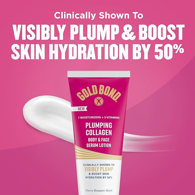 Gold Bond Plumping Collagen Body and Face Serum Lotion, Lightweight Hydrating Moisturizer with Collagen Peptide Complex, Jojoba and Grapeseed Oils to Visibly Plump Skin, Cherry Blossom Scent, 8 oz