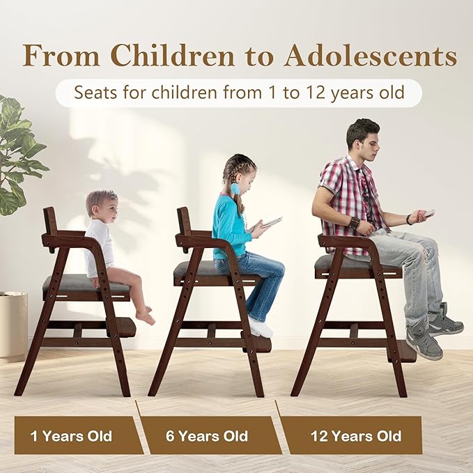 Solid Wood High Chair for Toddlers to Teens, Adjustable Height Toddler Dining Chair, Easy to Clean Toddler Highchair with Removable PU Cushion for Dining, Studying, Step Tool, Walnut