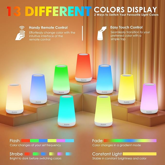 Night Light, Dimmable Touch Lamp for Bedroom, Portable Rechargeable Bedside Table Lamp for Baby Nursery, 13 RGB Colors & 5 Brightness, Night Lights for Bedroom Living Room Bathroom Hallways