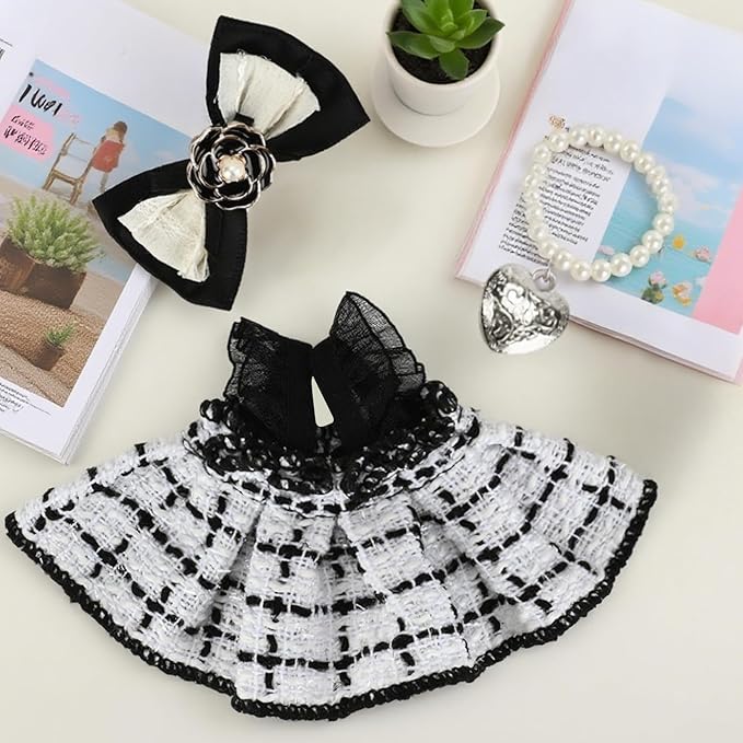 ‌Elegant White-and-Black Dress for 15cm/17cm Dolls - Strap Gown with Heart Pearl Necklace & Bow Headband/Fashion Doll Clothes Set, Accessories for Girl Doll/Perfect for Collectors, Gifts