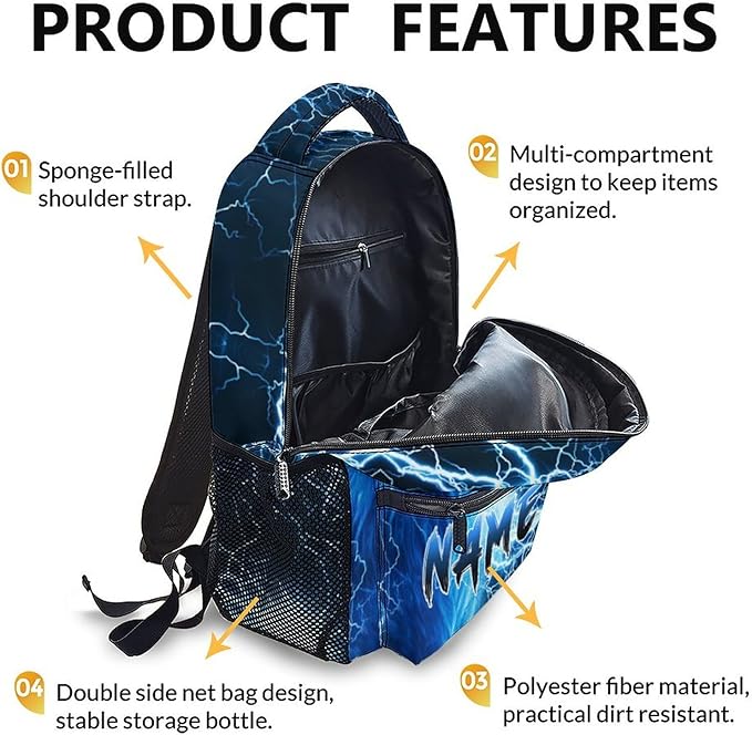 Custom Wolf Backpack for Boys Kids - 17 Inch Personalized Lightning Backpack for School Kindergarten Elementary Primary Senior Middle - Durable Cool Schoolbag with Name